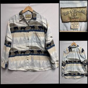 Bit & Bridle Corduroy Long Sleeve button Up Shirt All Over Print Wolves Womens L